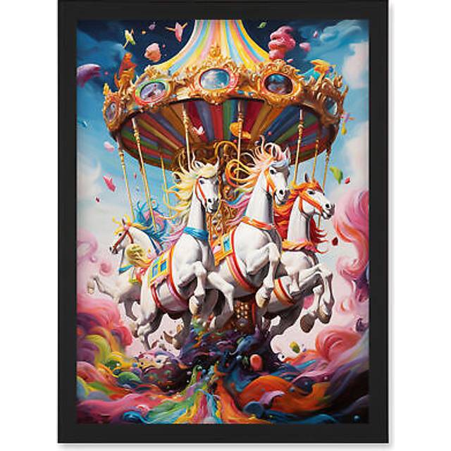 Wall Art Print Magical Carousel in Rainbow Clouds Bright Bold Vibrant Fantasy Kids Bedroom Baby Nursery Artwork Framed A4 - Black - A4