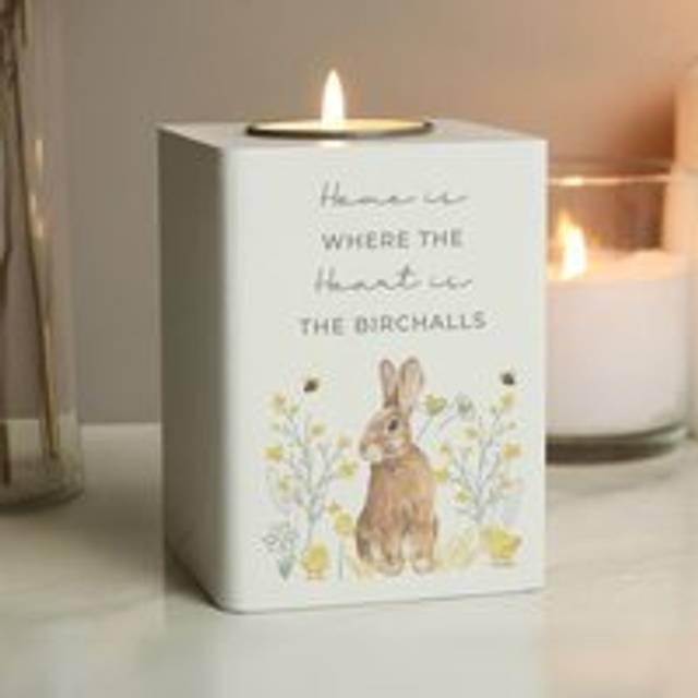 Personalised Spring Bunny Wooden Tealight Holder - White