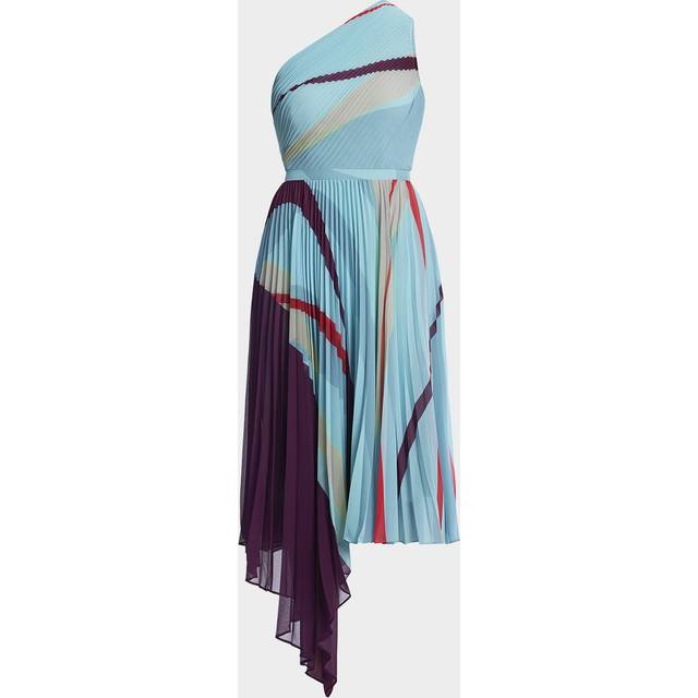 One-Shoulder Abstract-Print Pleated Midi Dress - SEAFOAM 'FLOATING RIBBONS" - 2
