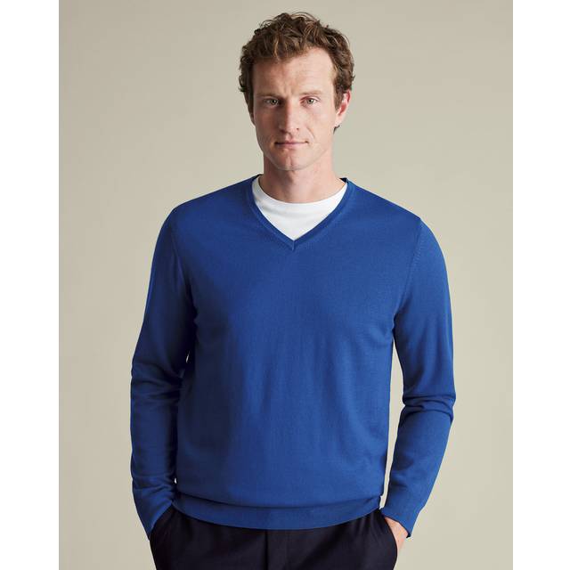 Men's Merino V-Neck Wool Jumper - Cobalt Blue, Small by Charles Tyrwhitt (Small)