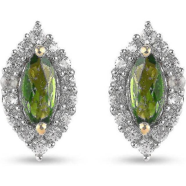 Chrome Diopside, Zircon Halo Stud Earrings For Women Gold Plated Silver 6.44ct