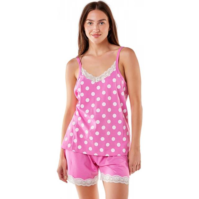 Lightweight 100% Cotton Spot Printed Sleeveless Top Pyjama Set With Lace Detailing - Pink - 12-14