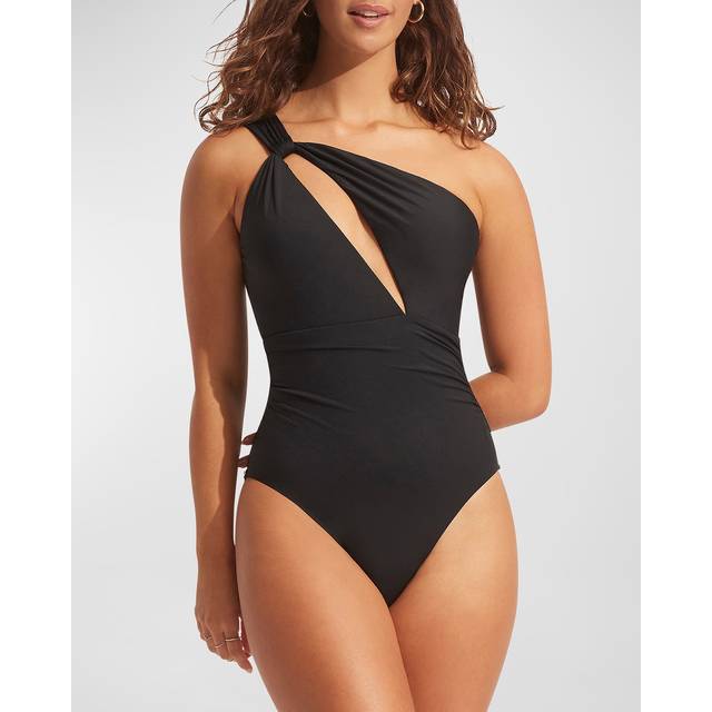 Spliced One-Shoulder Solid One-Piece Swimsuit - BLACK - 14 AU (10 US)