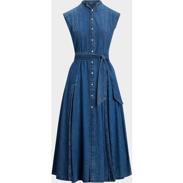 Belted Denim Sleeveless A-Line Dress - INDIGO - 10