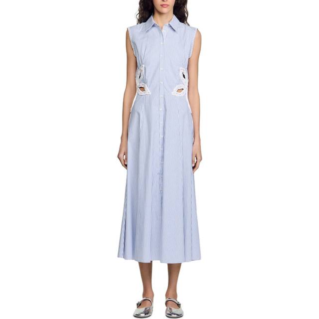 Robe longue rayée à détails brodés - Bleu Ciel - 40
