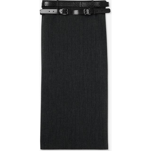 Pinstripe Luxe Midi Suiting Skirt With Double Belt - Gray - 12