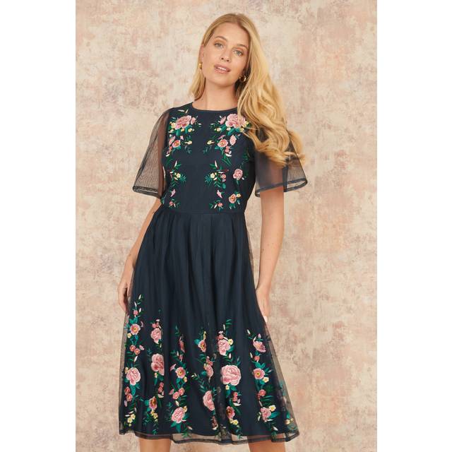 Yumi Navy Embroidered Sleeve Prom Skater Dress - Size 14 UK - Yumi
