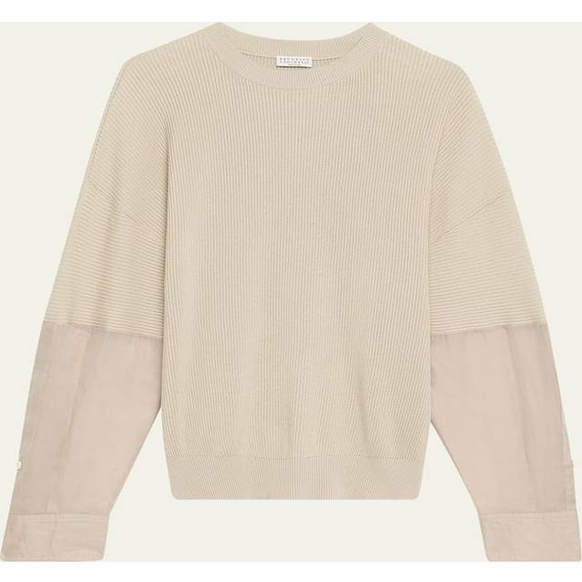 Organza-Sleeve Cotton English Rib Sweater - QUARZO - X-Large