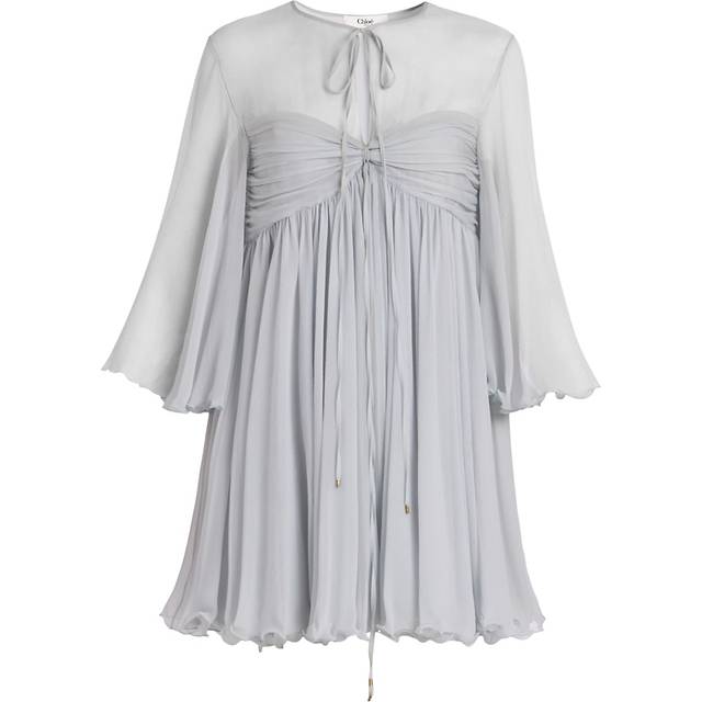Chloé - Tie-detailed Plissé-silk Mousseline Mini Dress - Blue - FR 42