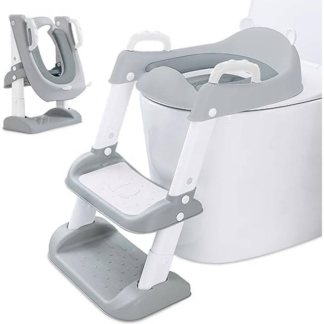FAMKEEP Barntoalettadapter, Bärbar Reducer Potty Seat Badrumstoalett med stege, Barntoalettadapter, Justerbar, Fällbar, PU Vadderad kudde, Halkfri, för V-, U- eller O-formade toaletter