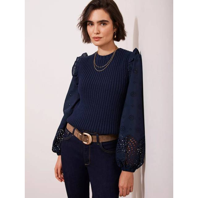Mint Velvet Broderie Sleeve Jumper, Navy
