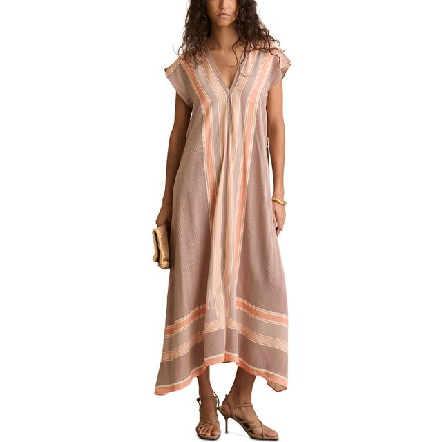 Reiss Gina Geometric Stripe Belted Maxi Dress, Coral