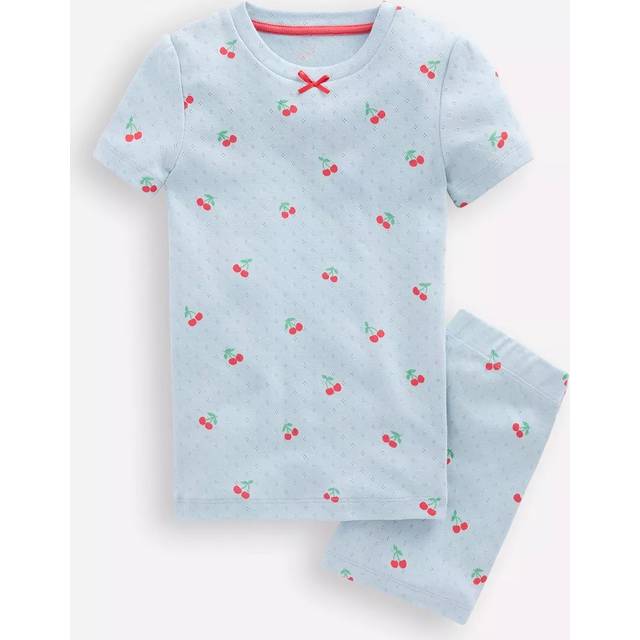 Mini Boden Kids' Snug Cotton Pointelle Pyjamas, Misty Blue Cherries