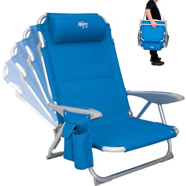 #WEJOY 4-Position Adjustable Beach Chair for Adults, Folding Low Beach Chair Lightweight & Portable, High Back Pillow Pocket Outdoor Garden Reclining
