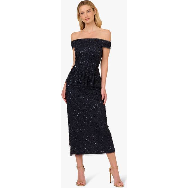 Adrianna Papell Sleeveless Bead Mesh Peplum Midi Dress, Navy
