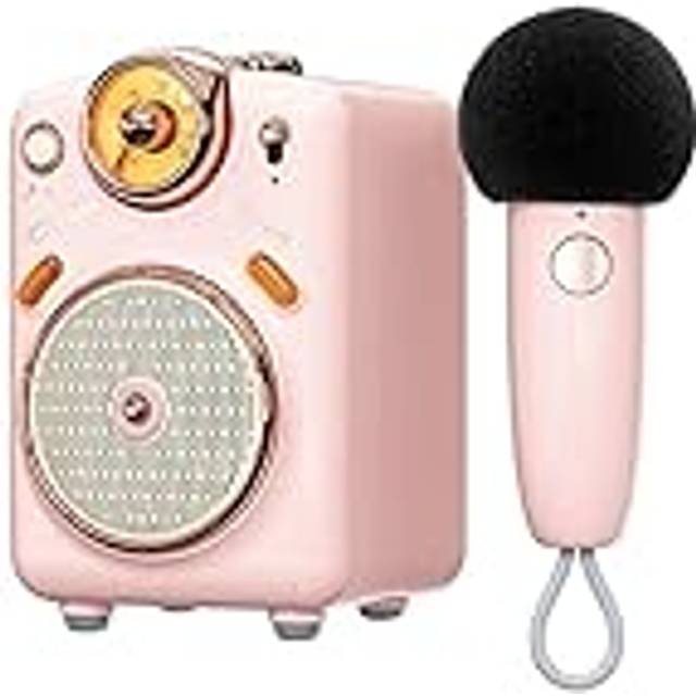 Meltrck Micro Karaoke-maskin med 2 trådlösa mikrofoner, intelligent kompatibel med LED-ljus, karaoke lämplig för fest och resor för barn och vuxna, rosa