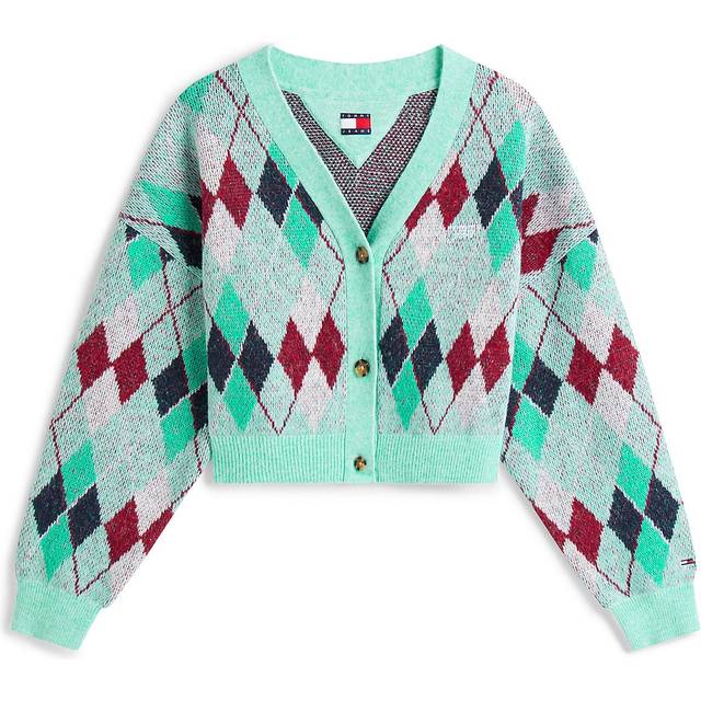 Cropped Argyle Cardigan With Wool - LAGOON GREEN / MULTI - M