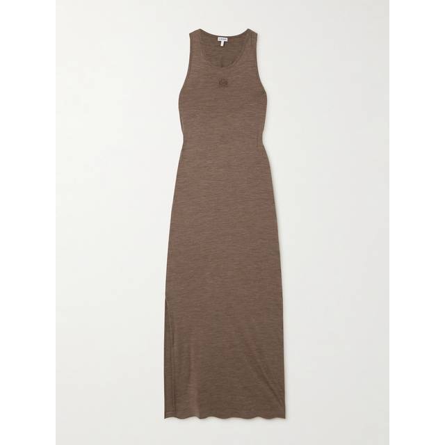 LOEWE - Anagram Embroidered Twist-back Wool-blend Jersey Maxi Dress - Brown - large