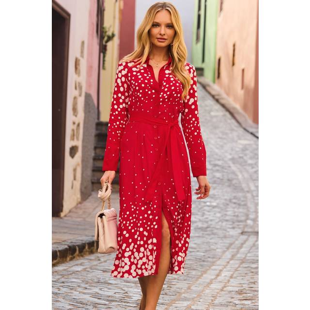 Sosandar Spot Print Long Sleeve Shirt Dress, Red/White