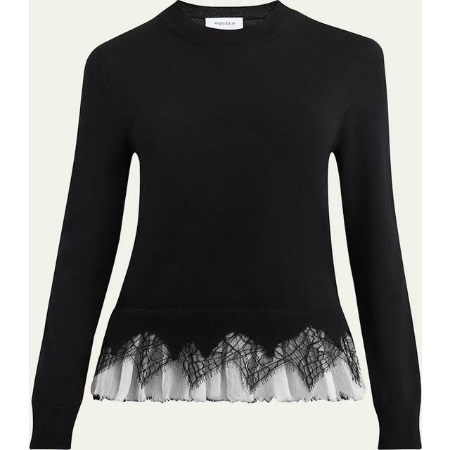 Lace Ruffle Crewneck Sweater - BLACK IVORY - Small