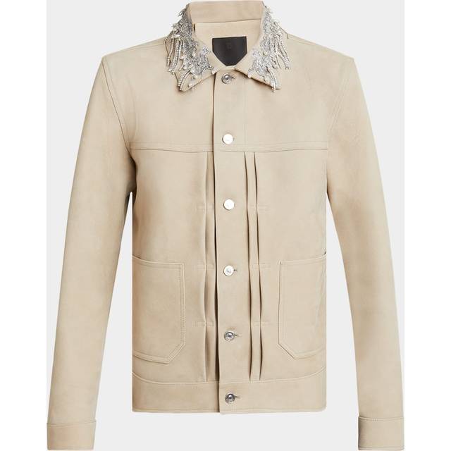 Blouson en cuir grainé avec cristaux et perles - beige cappuccino - 50