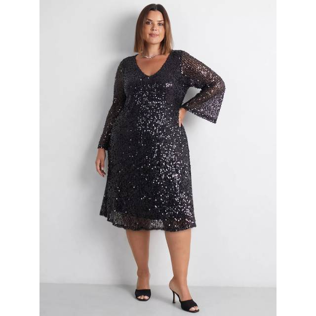 Live Unlimited Curve Mesh Top Sequin Dress, Black
