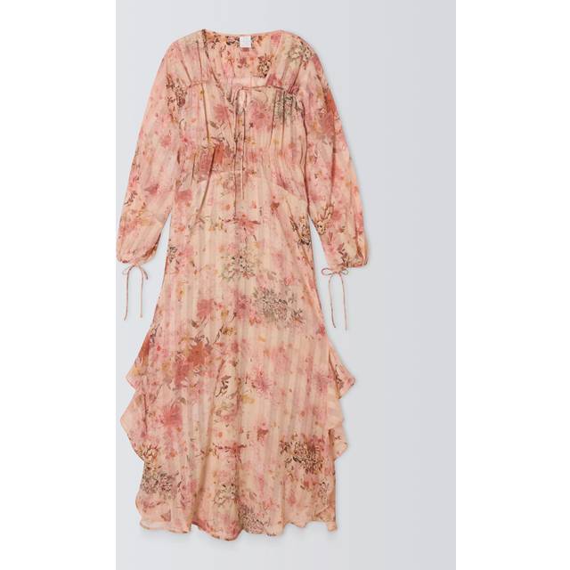 John Lewis Botanical Print Tie Detail V-Neck Maxi Dress, Pink