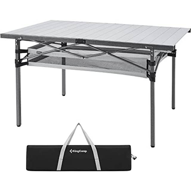 KingCamp Fällbart campingbord med aluminiumram med strängkorg | Upprullningsbar bordsskiva för 6-8 personer | vikbar och hållbar upp till 80 kg (176 pund), silver, 136 x 70 cm (54 x 28 tum), XL