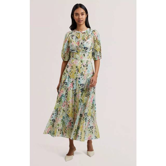 Ted Baker Kandea Floral Puff Sleeve Open Back Midi Dress, Ivory