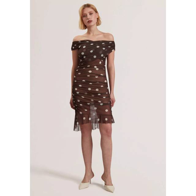 Ted Baker Tildahh Cross Over Neck Polka Dot Mesh Mini Dress, Brown/White