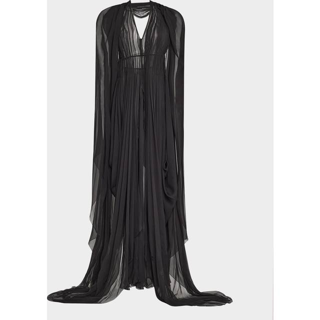 Organic Chiffon Cape-Sleeve Backless Gown - BLACK - 48 IT (12 US)