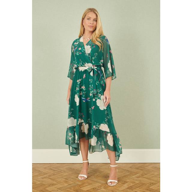Yumi Green Bird and Floral Print Midi Wrap Dress - Size 12 UK - Yumi