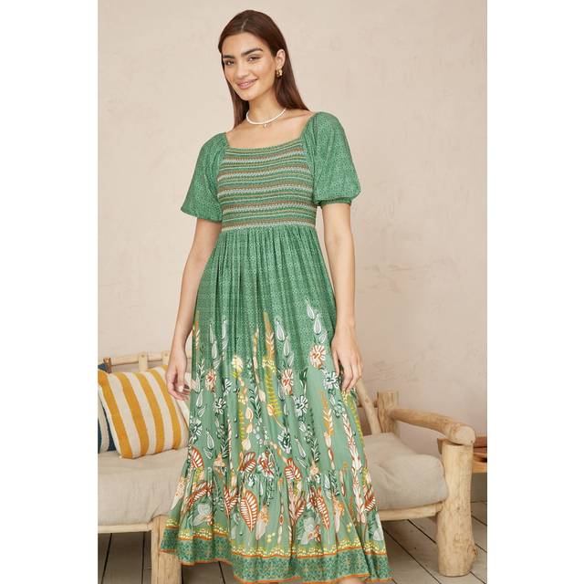 Yumi Green Ruched Leaf Print Maxi Dress With Puff Sleeves - Size 18 UK - Yumi