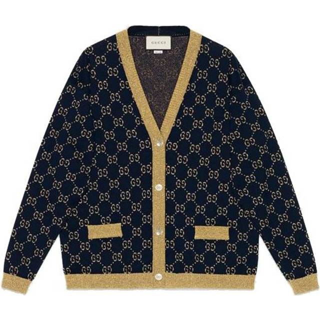 (WMNS) Gucci SS21 Cotton Gold Silver V Neck Cardigan Wool Sweater Blue 529193-X9W83-4921 - Dark Blue