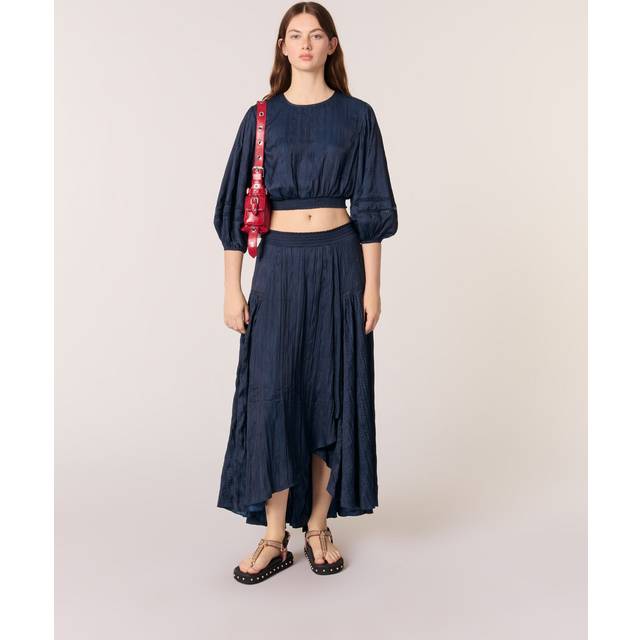 Jupe Longue Satinée - Bleu Marine - Maje -  Matière principale: 100% polyesterDentelle: 100% polyester - Prêt-à-porter > Bas > Jupes longues