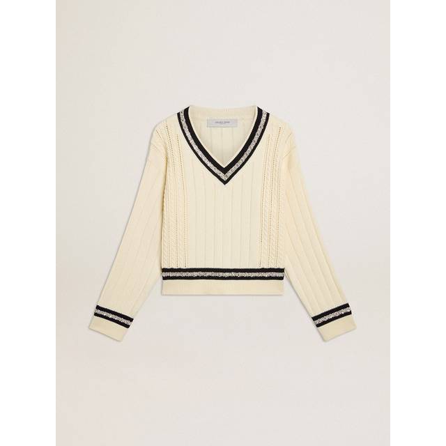 Golden Embellished V-Neck Varsity Sweater - HERITAGE WHITE DARK BLUE - X-Large
