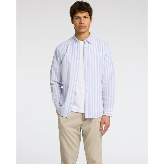 SELECTED HOMME Linen Blend Regular Fit Stripe Shirt, Cashmere Blue/White