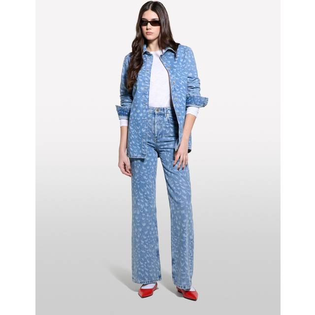 SISLEY Printed Long Sleeve Denim Shirt, Blue/Multi