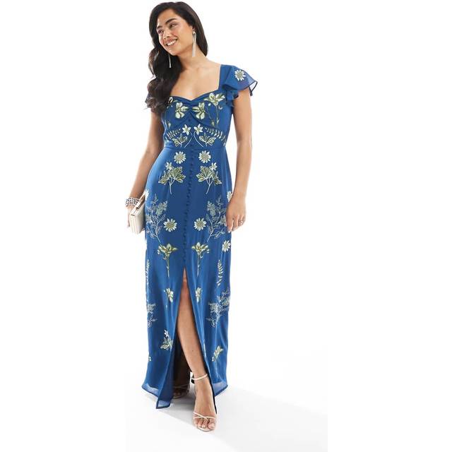 Maya Deluxe Embroidered Flutter Sleeve Tea Maxi Dress, Blue