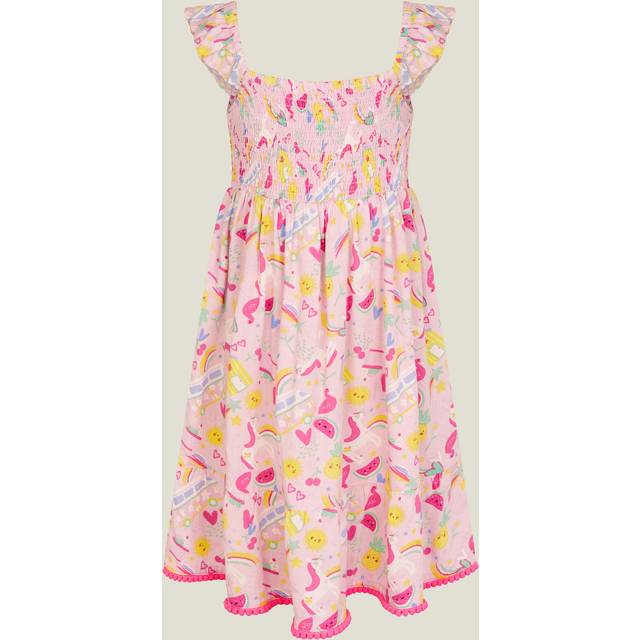 Pink & Yellow Sunbeam Print Shirred Dress, Size: 5-6 Years, Girl's - Accessorize - Pink/Yellow - 5-6 yrs