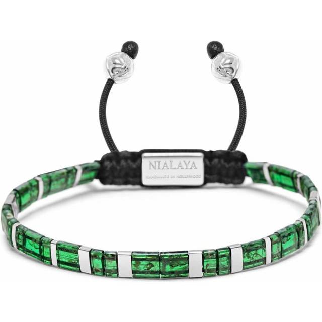 Nialaya Jewelry - logo-engraved beaded bracelet - men - marble/stainless steel/Nylon - L - Green