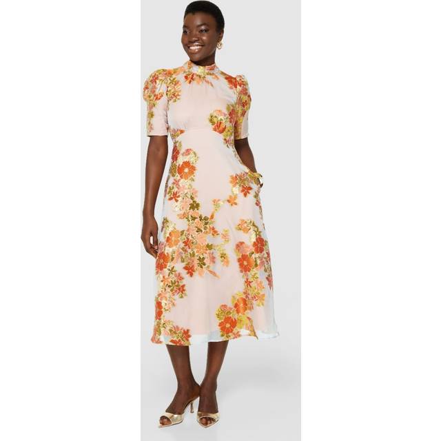 Closet London Floral Tie Back A-Line Dress, Orange/Multi