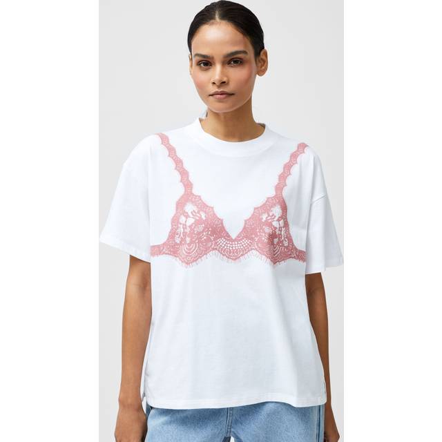 French Connection Graphic Lace Bra T-Shirt, White/Pink