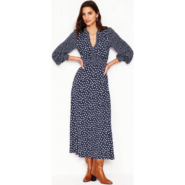 Boden Ivy Polka Dot Smocked Midi Dress, Navy/Multi