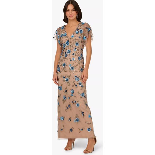 Adrianna Papell Beaded Floral V-Neck Maxi Dress, Nude/Blue