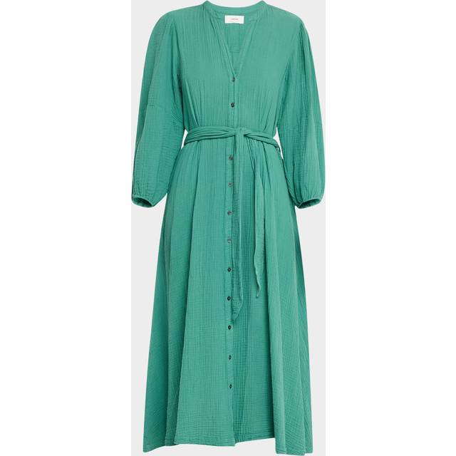 Selene Blouson-Sleeve Cotton Gauze Midi Dress - BOTTLE GREEN - X-Large