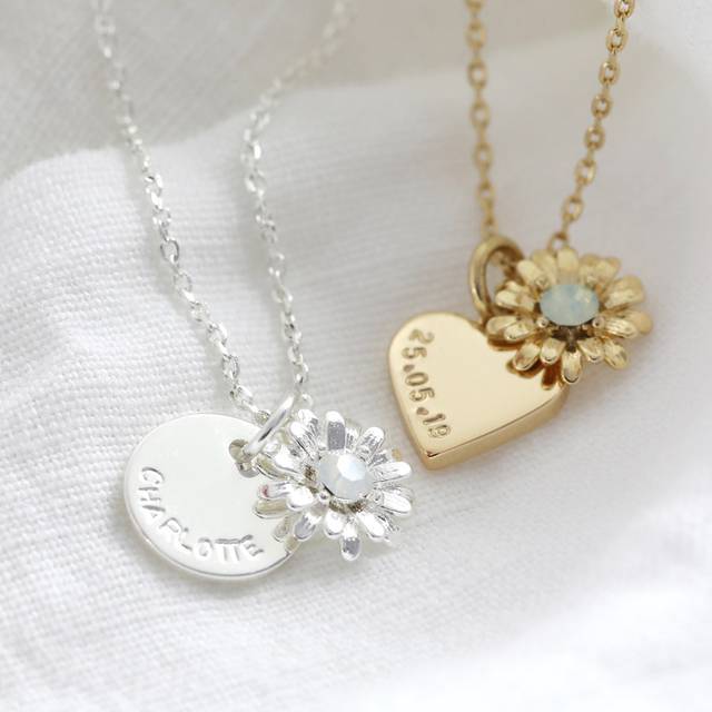 Personalised Crystal Daisy Charm Necklace - silver/gold - one size