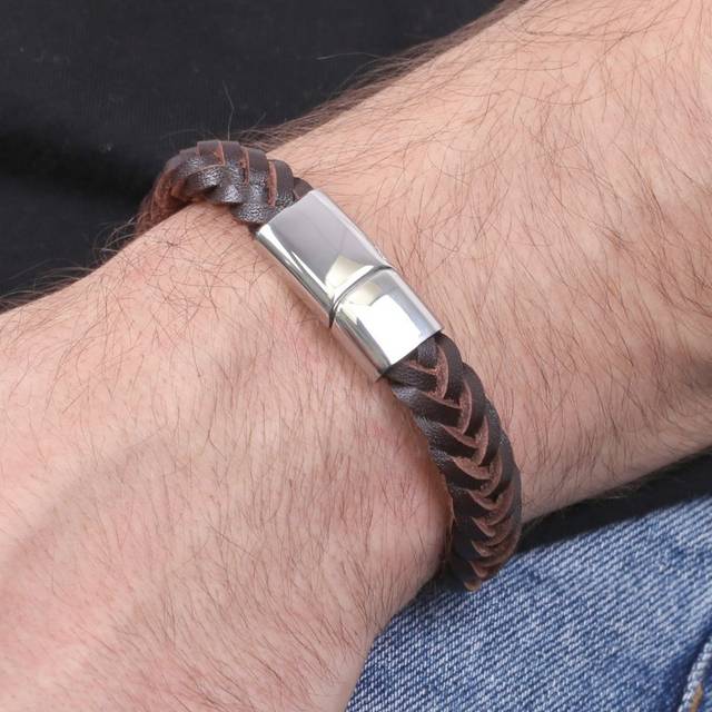 Men's Thick Brown Woven Leather Bracelet - brown/silver - medium/large