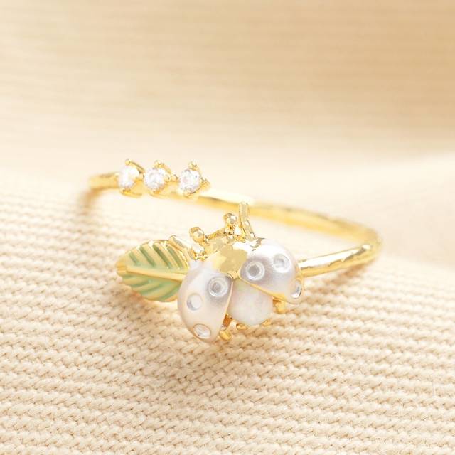 Adjustable Opal Ladybird Ring in Gold - gold/white/silver - one size