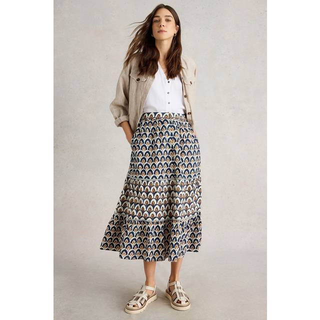 White Stuff Ariel Abstract Tiered Midi Skirt, Navy/Multi